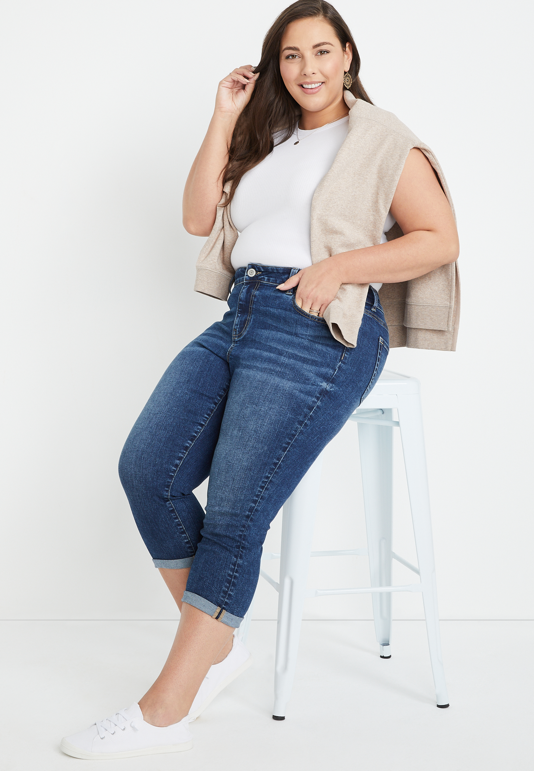 Plus Size Dark Marble Wash Capri, , large