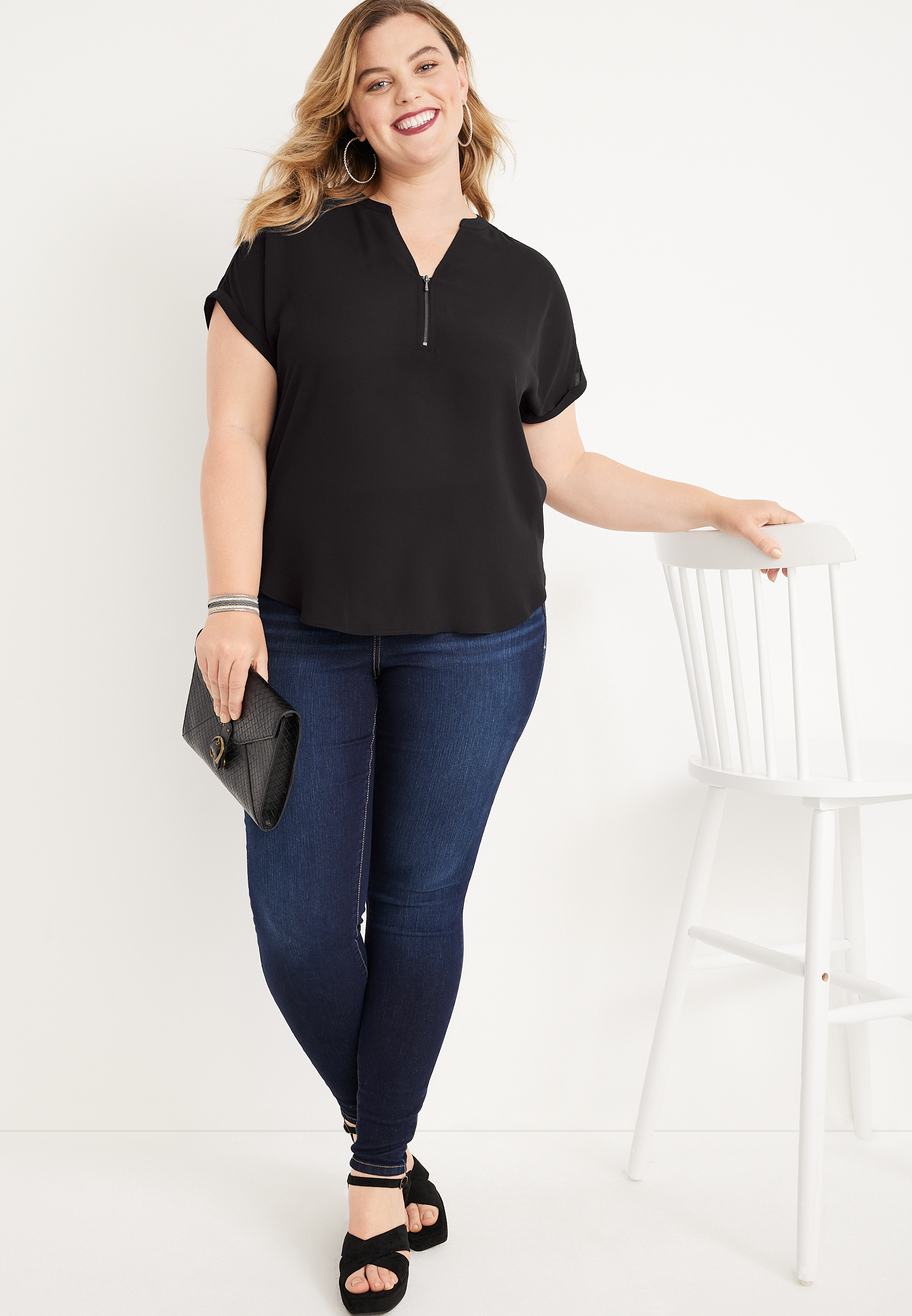 Plus Size Geneva Solid Zipper Neck Blouse, C106, large