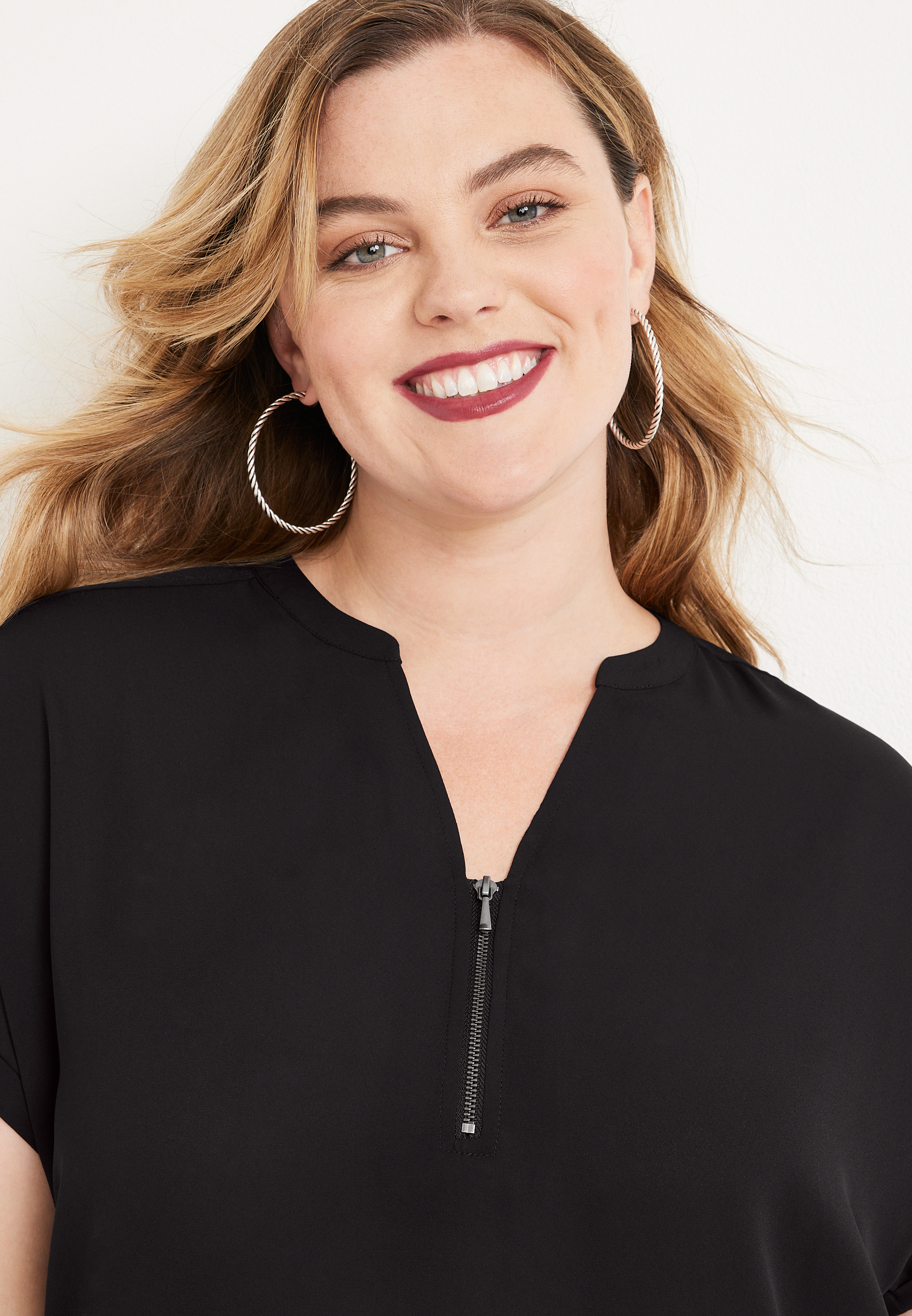 Plus Size Geneva Solid Zipper Neck Blouse, C106, large