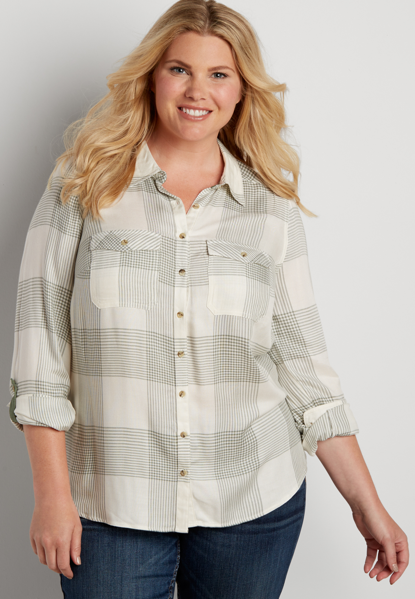 plus size button down plaid shirt in olive green combo | maurices