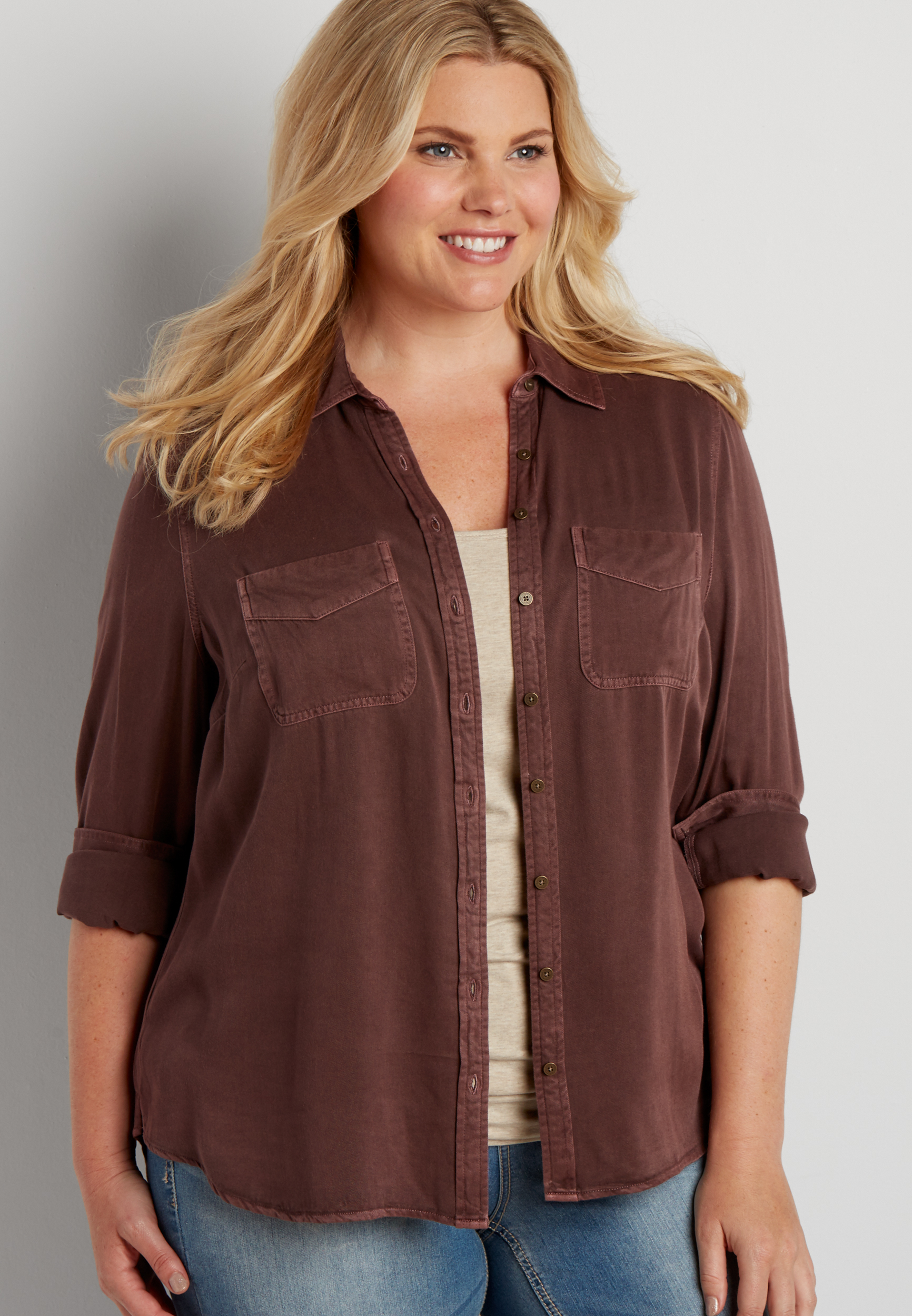 plus size super soft button down shirt in clove brown | maurices