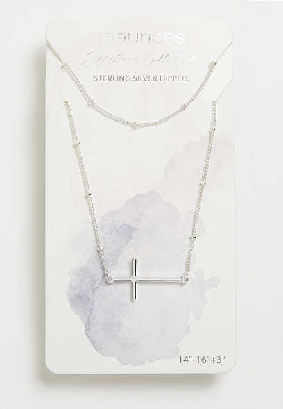 Sterling Silver Plated Double Cross Necklace Set