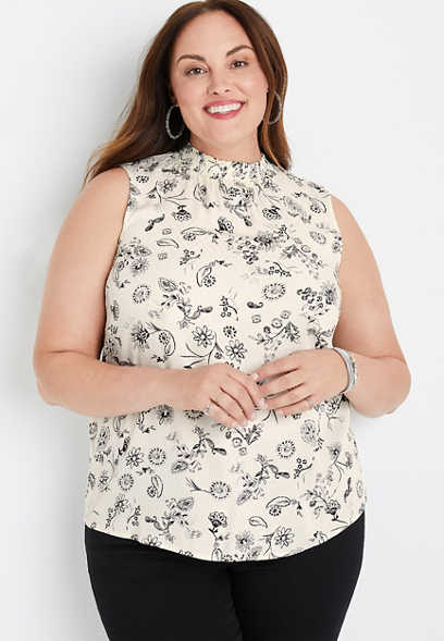 Plus Size Floral Smocked High Neck Tank Top