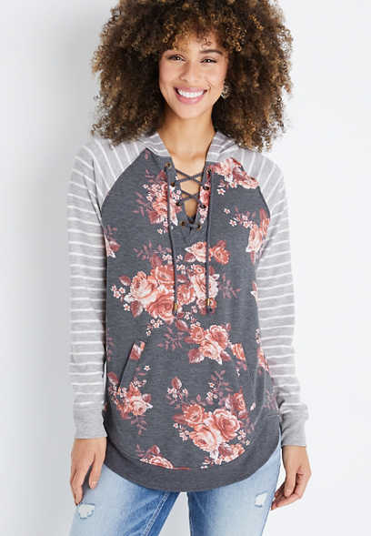 Gray Floral Lace Up Harmony Hoodie