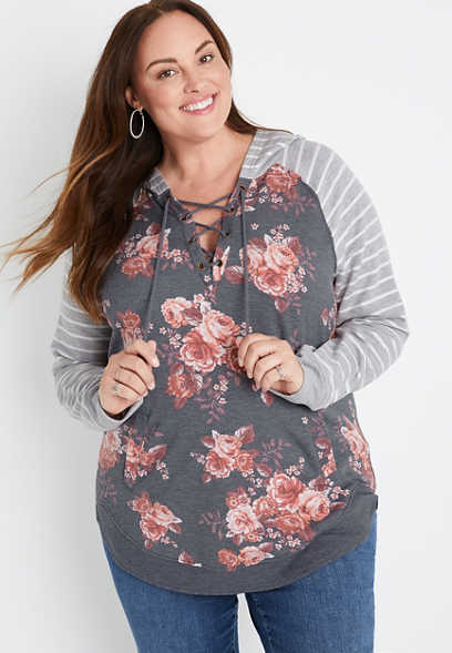 Plus Size Gray Floral Lace Up Harmony Hoodie