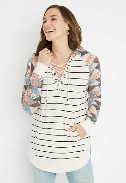 Striped Patchwork Lace Up Harmony Hoodie