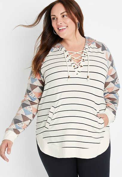 Plus Size Striped Patchwork Lace Up Harmony Hoodie