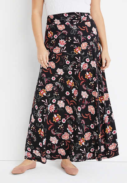 Plus Size Black Floral High Rise Maxi Skirt