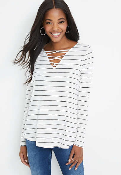 Striped Strappy Neck Long Sleeve Tee