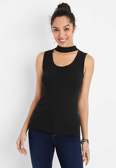 Solid Ribbed Cut Out Neck Tank Top