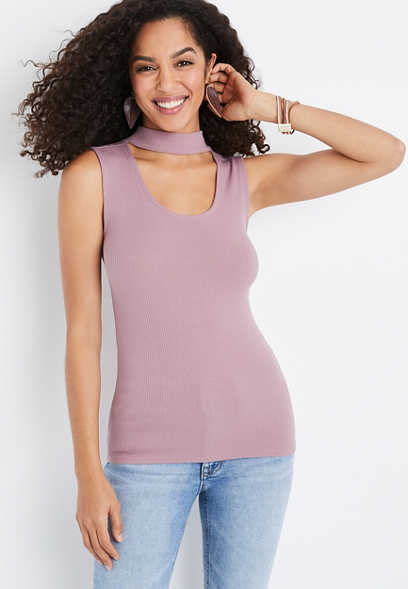 Solid Ribbed Cut Out Neck Tank Top