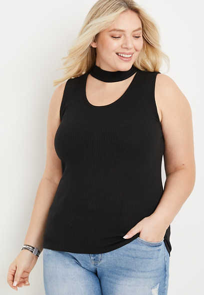 Plus Size Ribbed Cut Out Neck Tank Top
