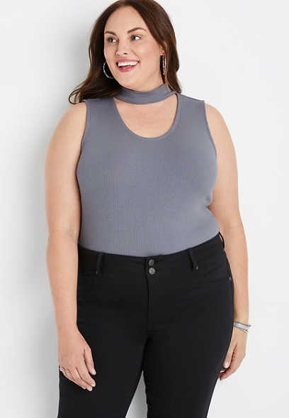 Plus Size Ribbed Cut Out Neck Tank Top