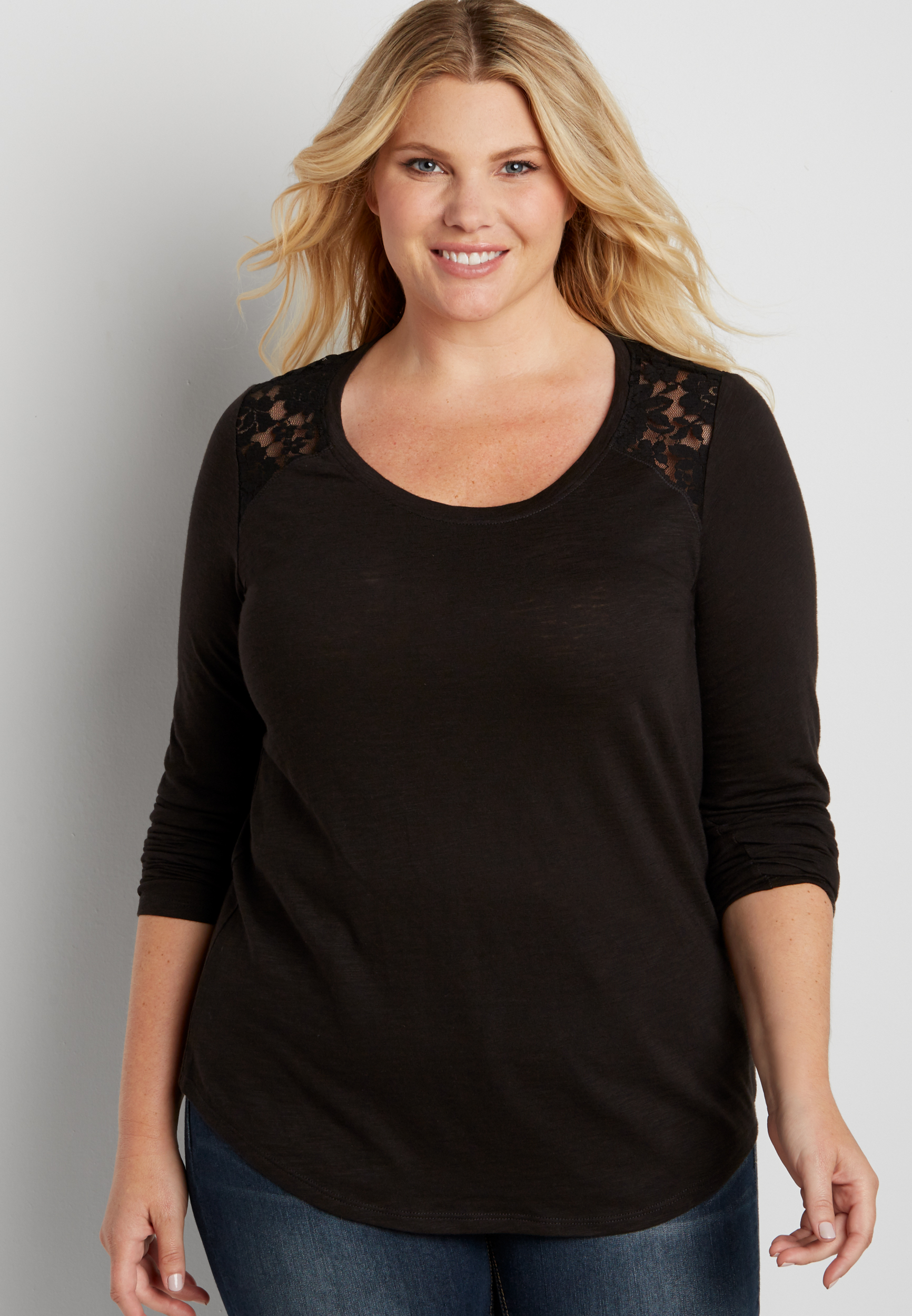 plus size tee with floral lace yoke and keyhole back | maurices