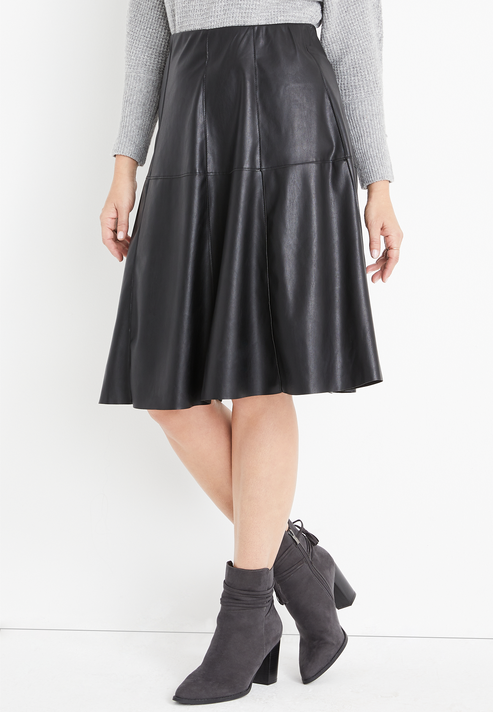 【Anyone more】Mibe Leather Tiered Skirt Pants Leather Mini Seam Detail Mini Skirt | Karen Millen