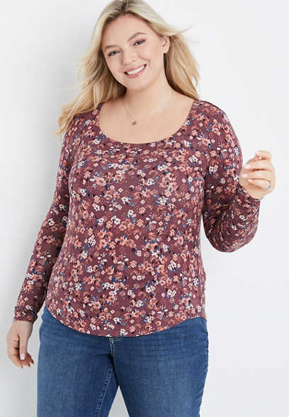 Plus Size Serenity Floral Long Sleeve Scoop Neck Top