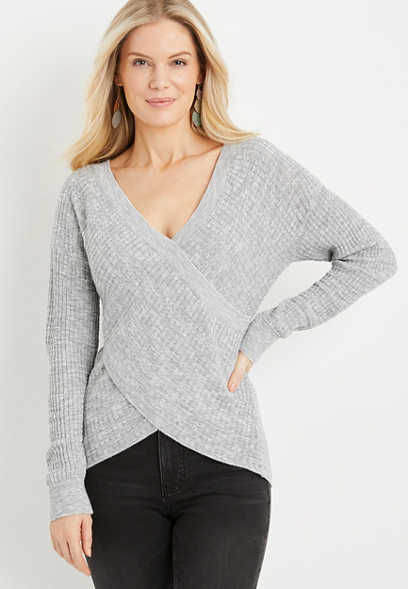 Solid Ribbed Long Sleeve Wrap Sweater