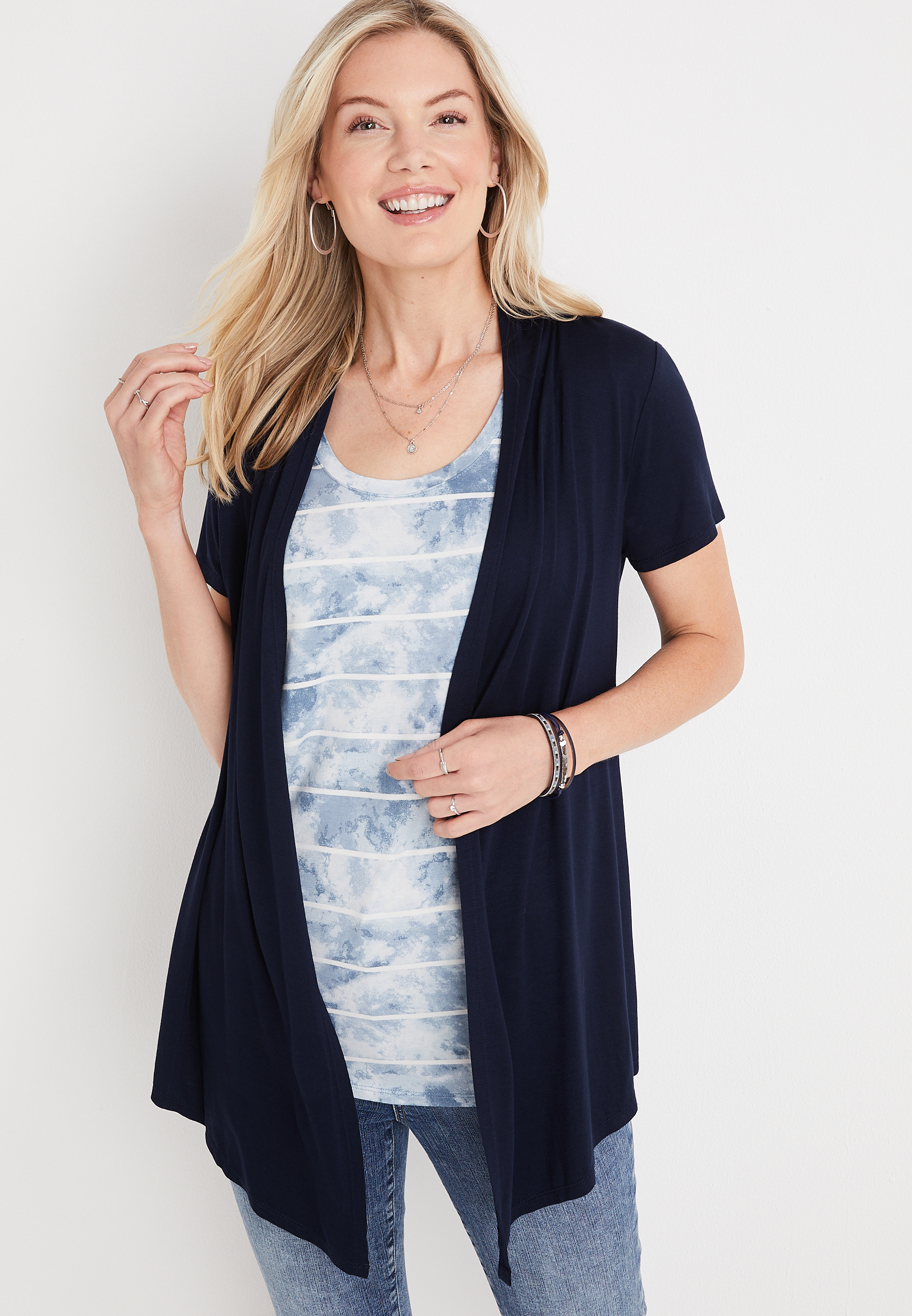 Solid Short Sleeve Waterfall Front Cardigan | maurices
