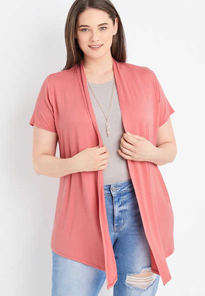 Plus Size Solid Short Sleeve Waterfall Front Cardigan