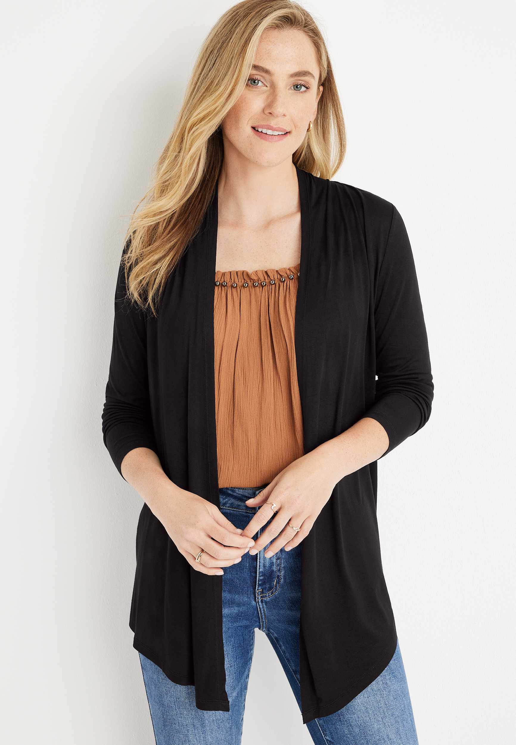 Solid Long Sleeve Waterfall Front Cardigan