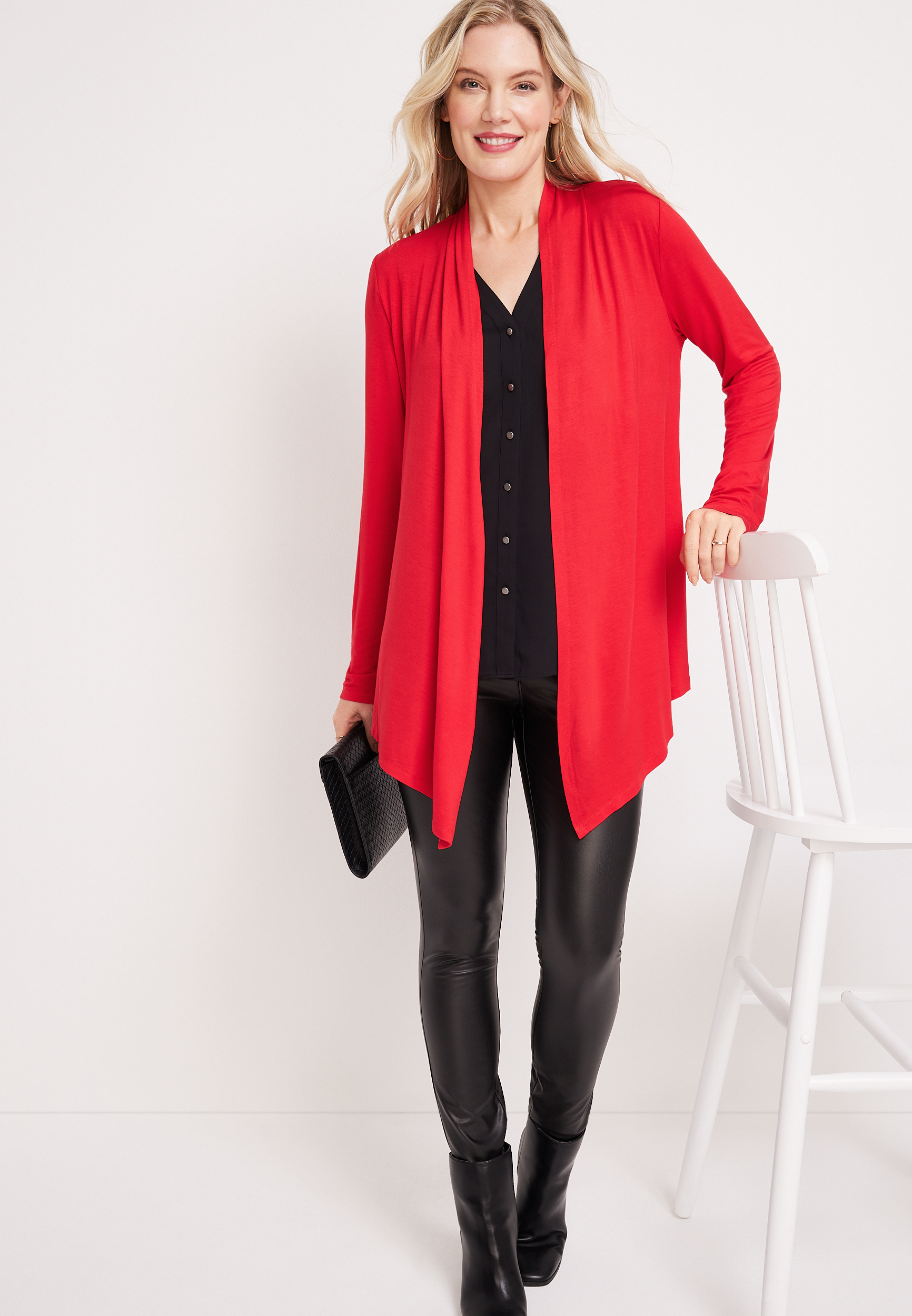 Solid Long Sleeve Waterfall Front Cardigan, C5148, large