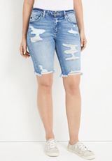 KanCan&trade; Mid Rise Frayed Hem 11in Bermuda Short, MEDIUM SANDBLAST, small