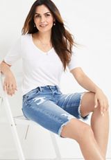 KanCan&trade; Mid Rise Frayed Hem 11in Bermuda Short, MEDIUM SANDBLAST, small