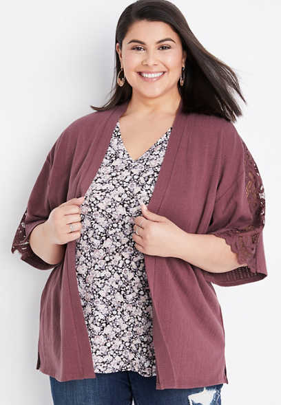 Plus Size Lace Sleeve Open Front Cardigan