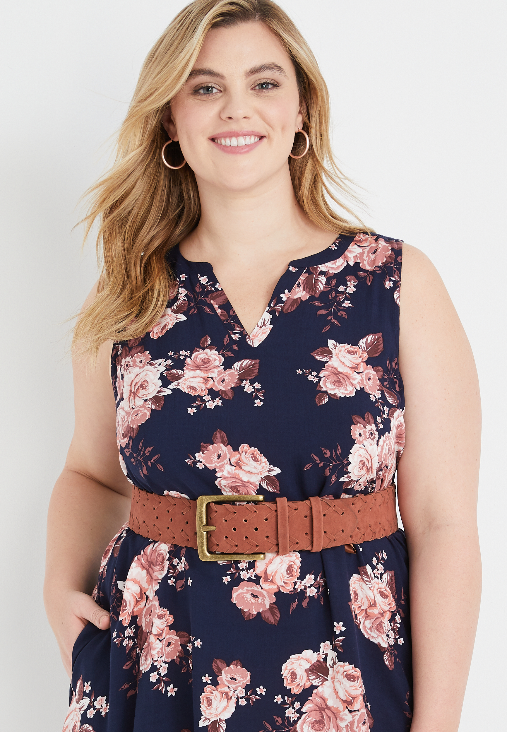 Plus Size Woven Cognac Dress Belt, , large