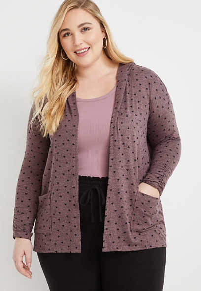 Plus Size Pink Heart Cozy Hooded Cardigan