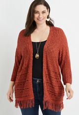 Plus Size Open Stitch Fringe Trim Cardigan, C1633, small