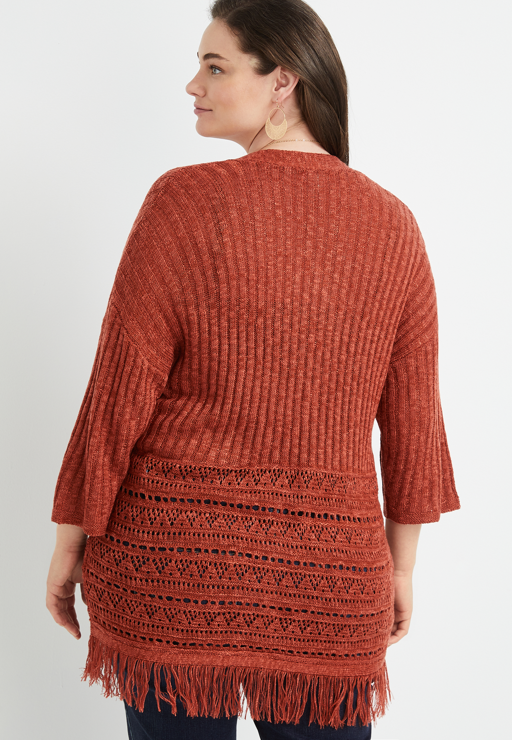 Plus Size Open Stitch Fringe Trim Cardigan, C1633, large
