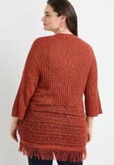Plus Size Open Stitch Fringe Trim Cardigan, C1633, small