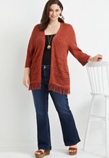 Plus Size Open Stitch Fringe Trim Cardigan, C1633, small