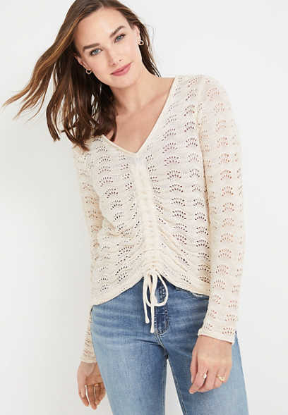 Solid Open Stitch V Neck Sweater