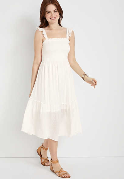 White Smocked Babydoll Midi Dress
