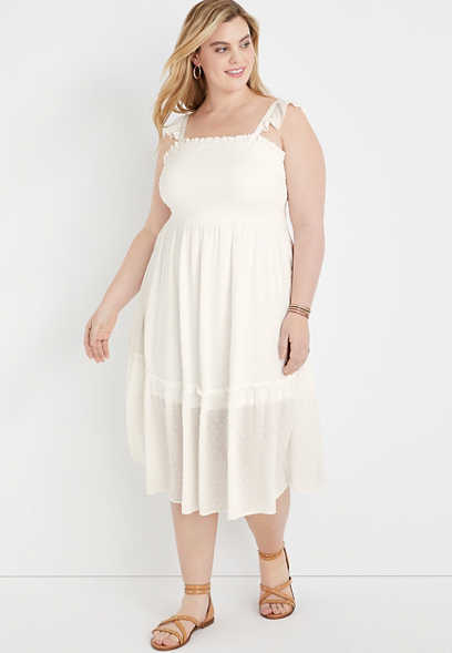Plus Size White Smocked Waist Midi Dress