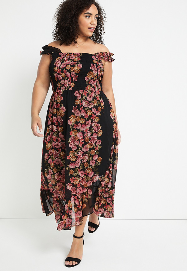 Plus Size Black Floral Smocked Midi Dress | maurices