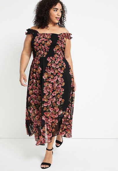 Plus Size Black Floral Smocked Midi Dress