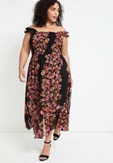 Plus Size Black Floral Smocked Midi Dress, BLACK COMBO, small