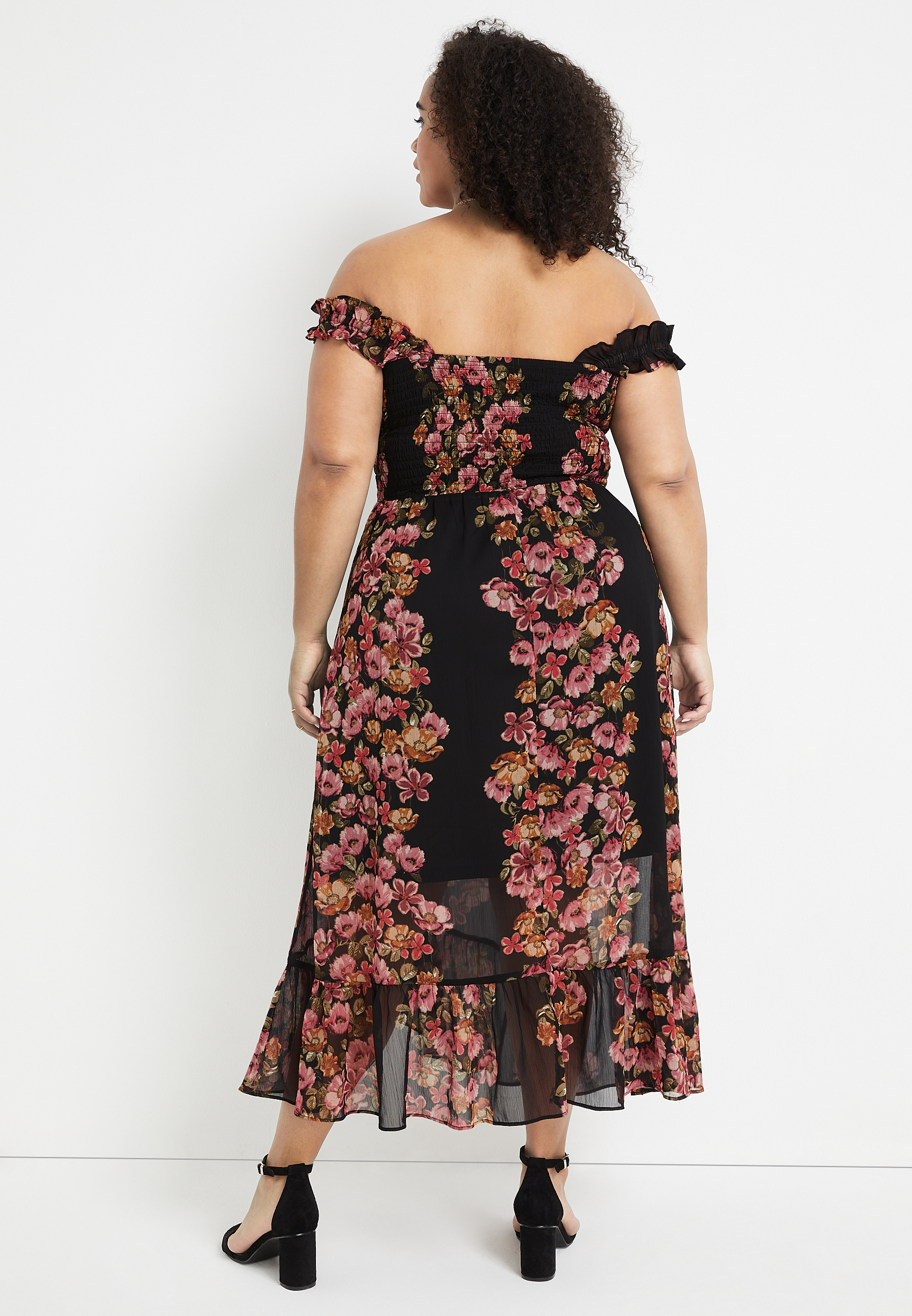 Plus Size Black Floral Smocked Midi Dress, BLACK COMBO, large