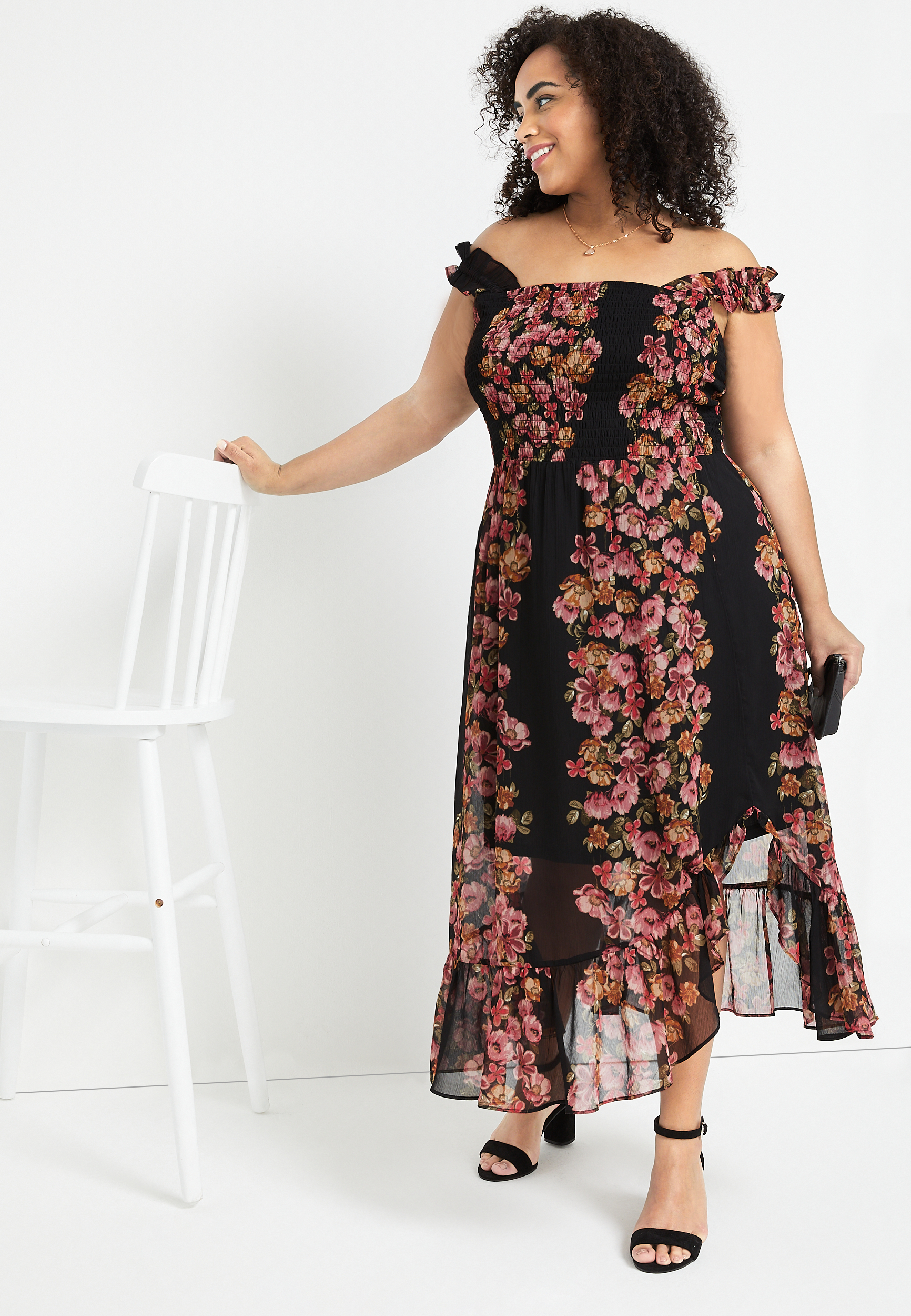 Plus Size Black Floral Smocked Midi Dress, BLACK COMBO, large
