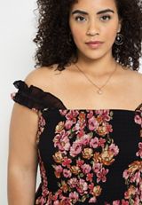 Plus Size Black Floral Smocked Midi Dress, BLACK COMBO, small