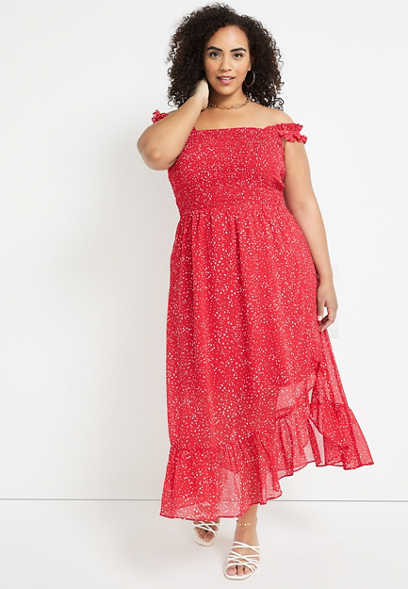 Plus Size Red Smocked Midi Dress