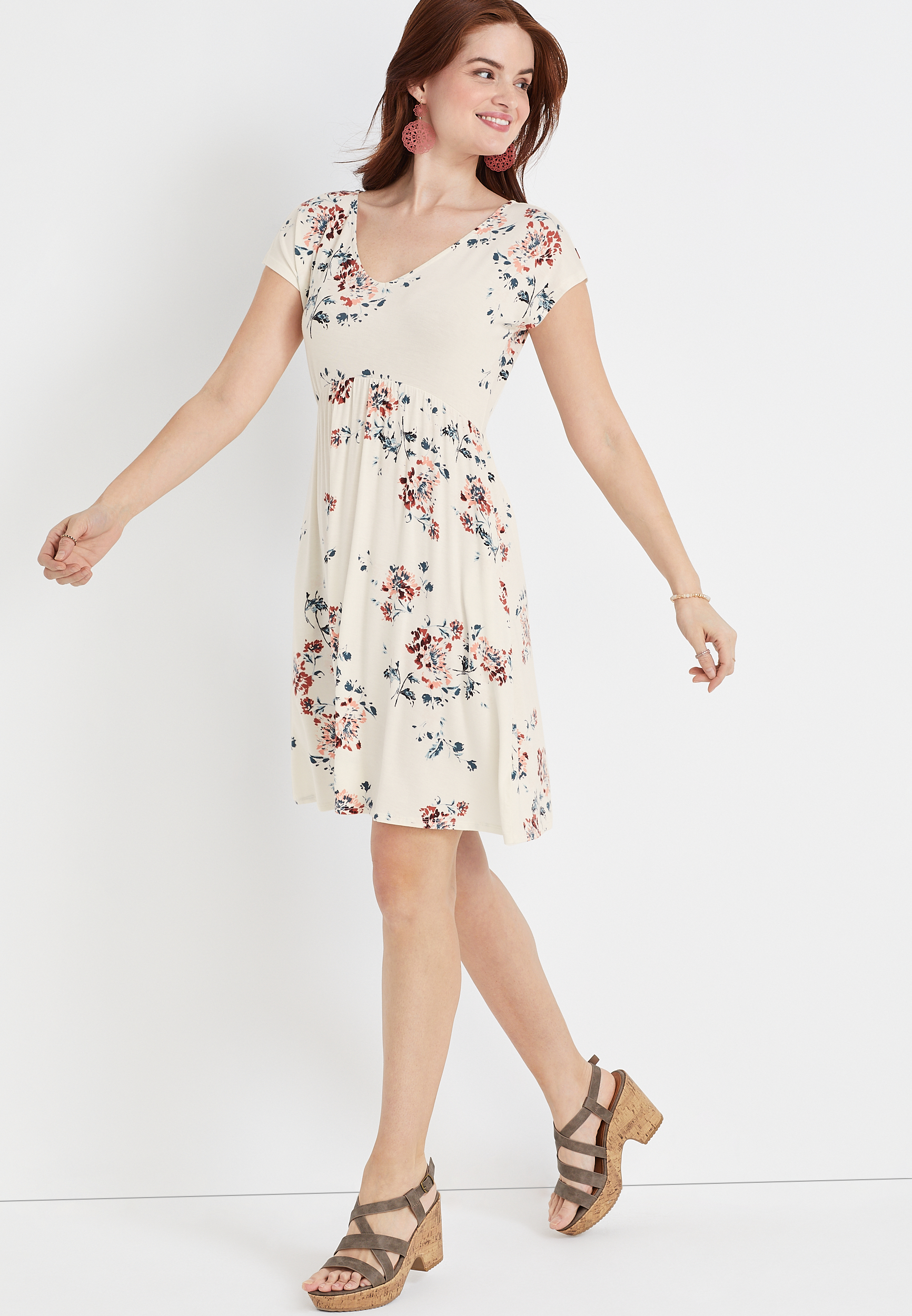 24/7 Floral Short Sleeve Babydoll Mini Dress | maurices