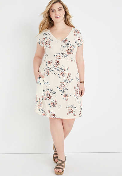 Plus Size 24/7 Floral Short Sleeve Babydoll Mini Dress