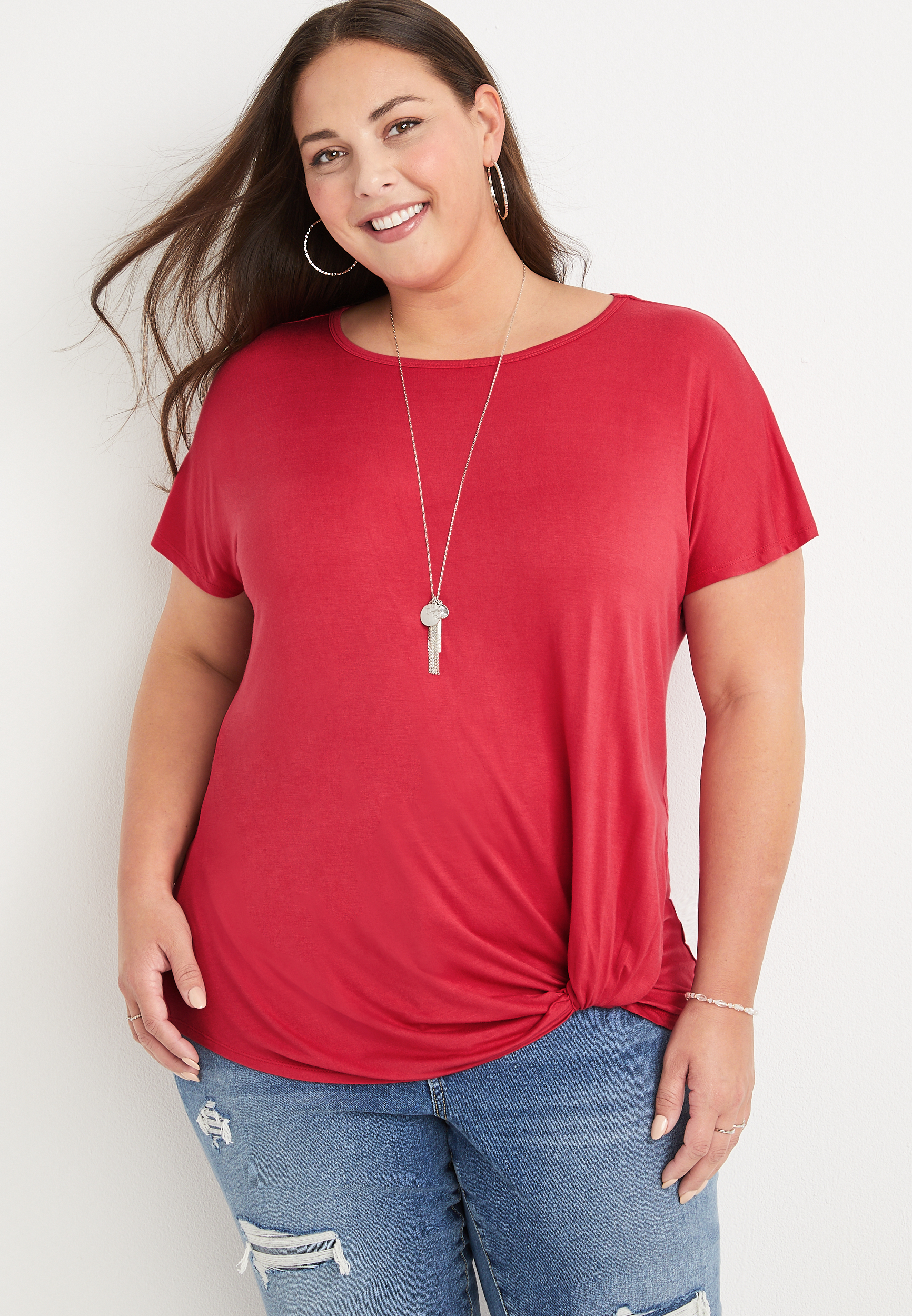 Plus Size 24/7 Flawless Solid Front Knot Tee | maurices