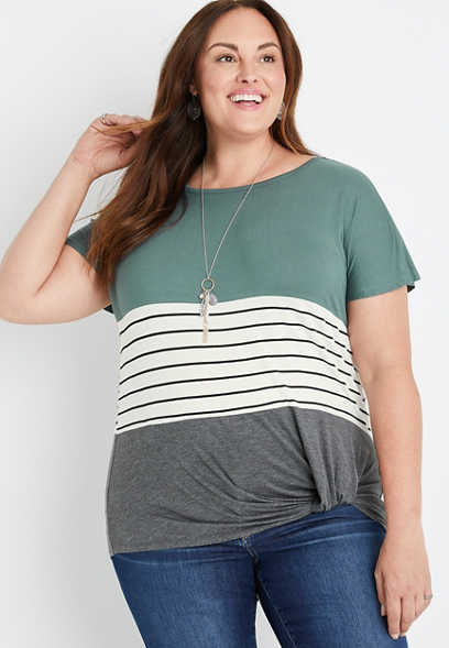 Plus Size 24/7 Green Striped Knot Front Tee