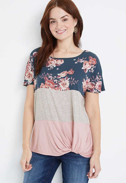 24/7 Rose Floral Striped Knot Front Tee