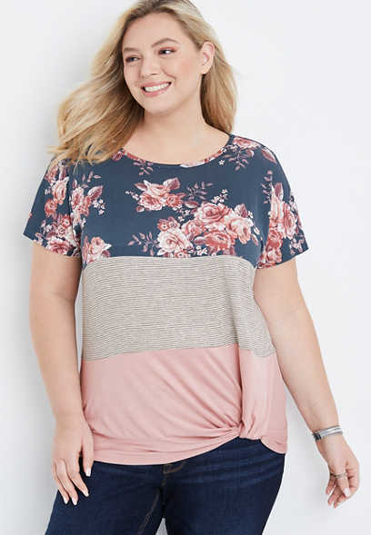 Plus Size 24/7 Rose Floral Striped Knot Front Tee